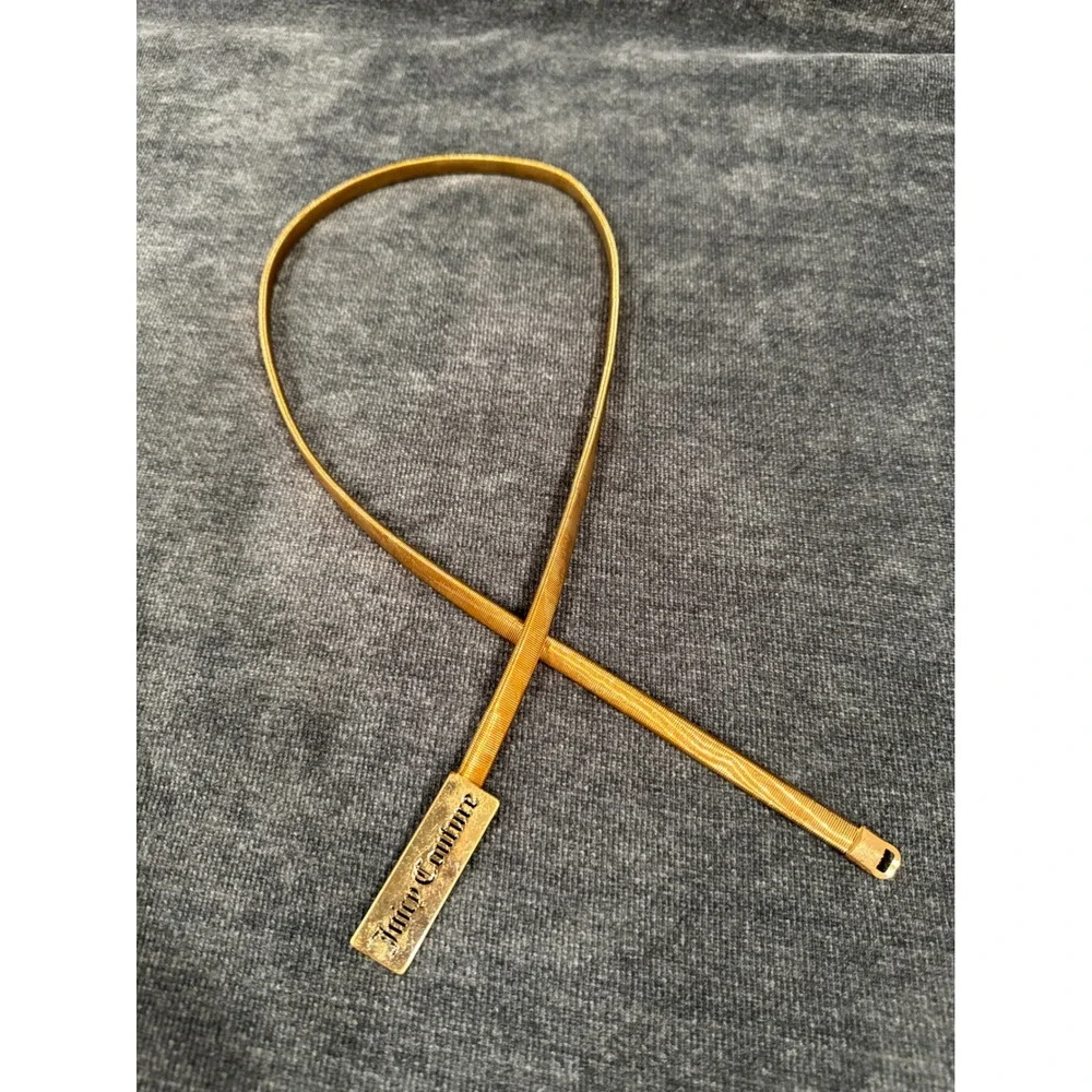 Juicy Couture Gold Skinny Stretch Belt Y2K Logo Plaque Metallic Cinch Accessory